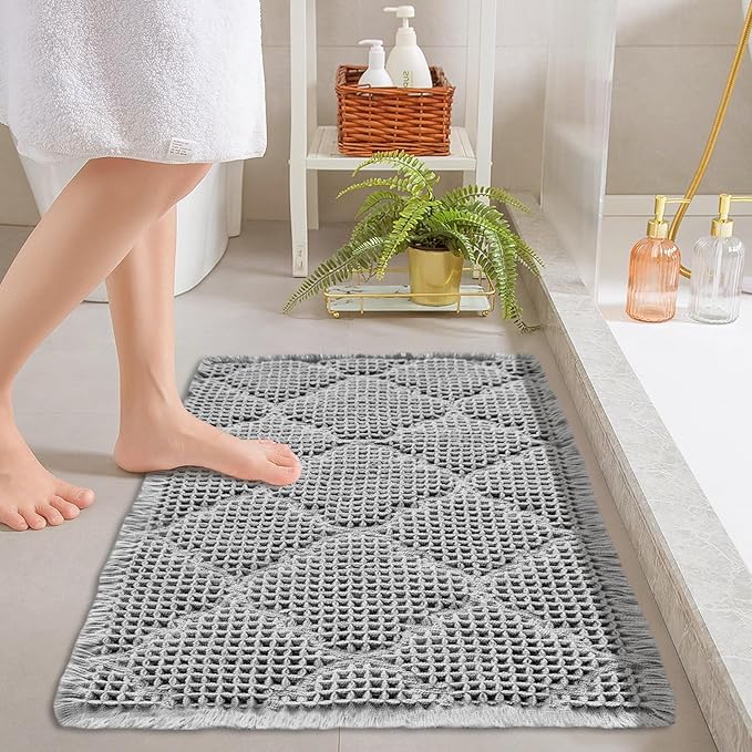 ZALL Waffle Bath Mat,Super Absorbent Non Slip Bathroom Rug,Grey 24x36inch,Geometric Diamond Machine Washable Ultra Soft Floor Mats Gray