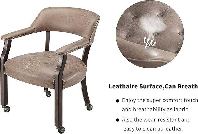 MODERION Solid Wood Boss Caption's Chairs,Dinning Chairs with Wheels and Arms,Office Desk Chairs, Classic Swivel Accent Chairs with Upholstered,Breathing Leather, 31.5¡±H for Living Room Light Brown