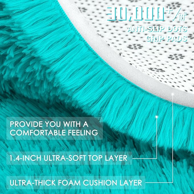 OLANLY Teal Blue Round Rugs for Bedroom - Machine Washable, 2 ft Circle Area Rugs for Living Room, Soft and Fluffy Shaggy Carpet for Teen Girls and Boys, Nursery Rooms, Dorms, Home Decor Aesthetic