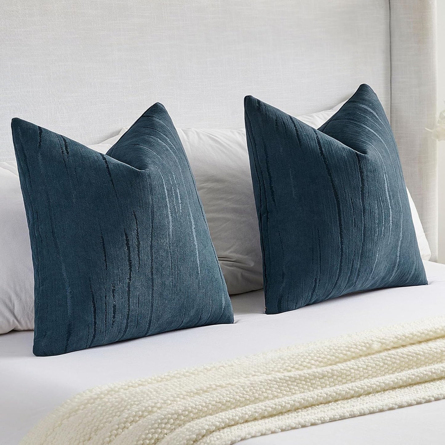 FUTEI Navy Blue Chenille Decorative Throw Pillow Covers 18x18 Inch Set of 2,Soft Embossed Striped Textured Cushion Case,Modern Home Decor for Couch Bed Living Room
