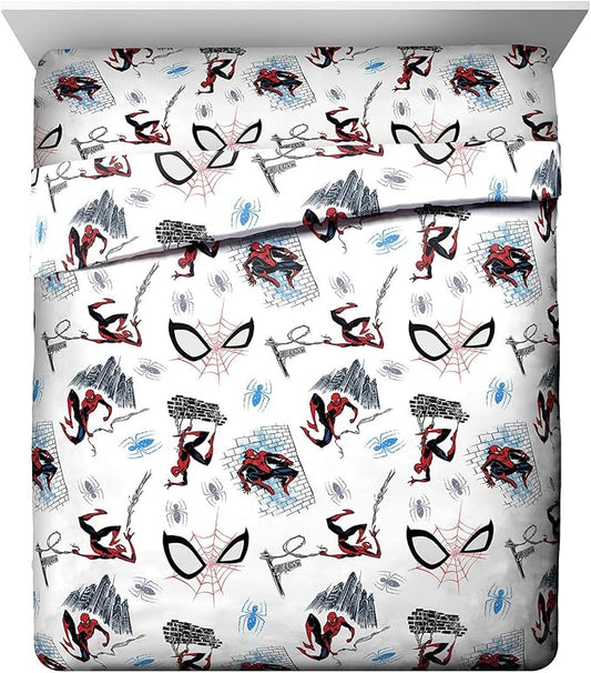Jay Franco Kids Sheet Set with Fitted, Flat Sheets & Pillow Cover - Ultra-Soft Bedding with Pillowcase for Room Decor, White - Spiderman, 4 Piece Queen