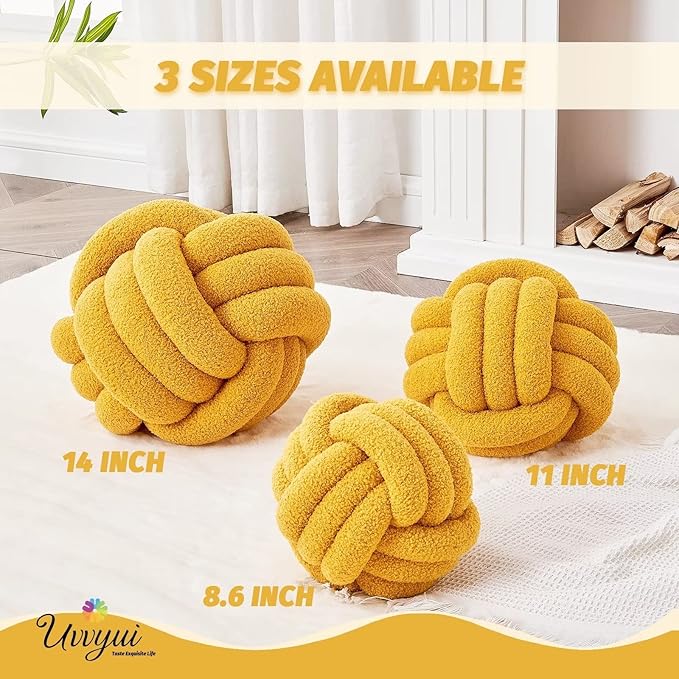 Uvvyui Knot Pillow Ball, Soft Home Decorative Pillows, Round Throw Pillow, Handmade Knotted Plush Pillow, Round Boucle Pillow Cushion (11 Inches Dark Yellow)