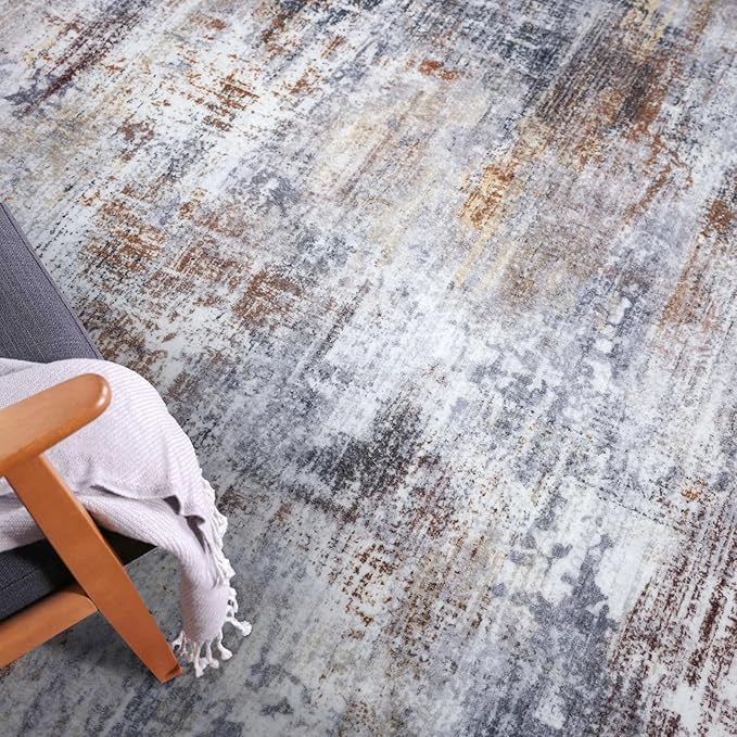 IOHOUZE Abstract Area Rugs 8x10 Ft Washable Large Rugs for Living Room, Non Slip Dining Room Rug, Printed Faux Wool Rugs for Bedroom, Floor Carpet for Office Nursery Playroom, Orange Grey