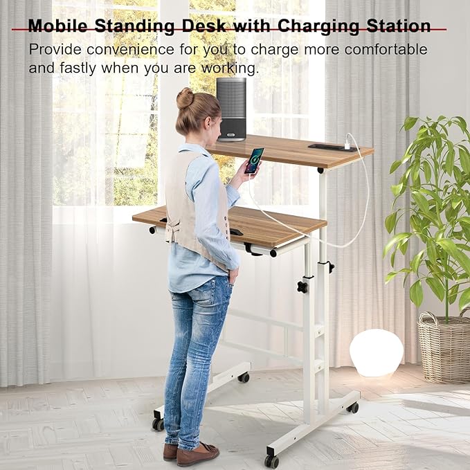 Hadulcet Mobile Standing Desk with Charging Station, Adjustable Standing Computer Desk, Standing Adjustable Laptop Cart with Wheels for Home Office Classroom Vintage Oak