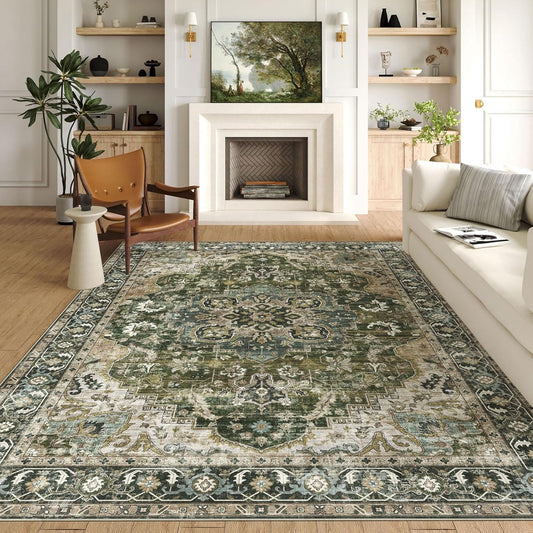 Washable Area Rug 8x10 - Large Moss Green Boho Rugs for Living Room Soft Vintage Bedroom Rug Ultra-Thin Distressed Oriental Carpet Stain Resistant Rug for Dining Room Guest Room Home Decor
