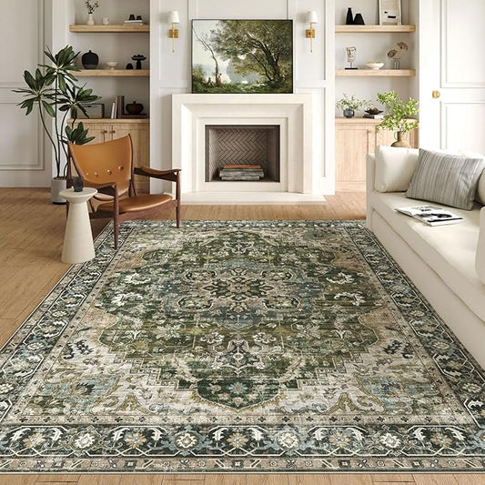 Washable Area Rug 8x10 - Large Moss Green Boho Rugs for Living Room Soft Vintage Bedroom Rug Ultra-Thin Distressed Oriental Carpet Stain Resistant Rug for Dining Room Guest Room Home Decor