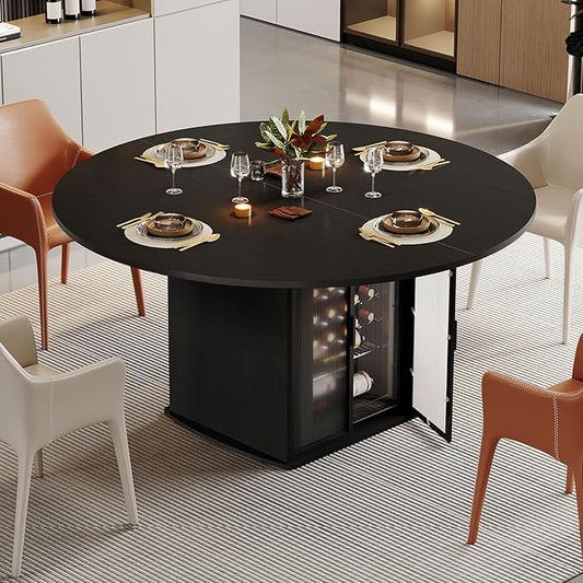 IBF Black Round Dining Table for 4-6, 47 Inch Kitchen Table with Fridge Space, Industrial Dining Room Tables with Storage Shelf, Wood Dinner Tables for Home Kitchen Living Room, Black Oak, Only Table