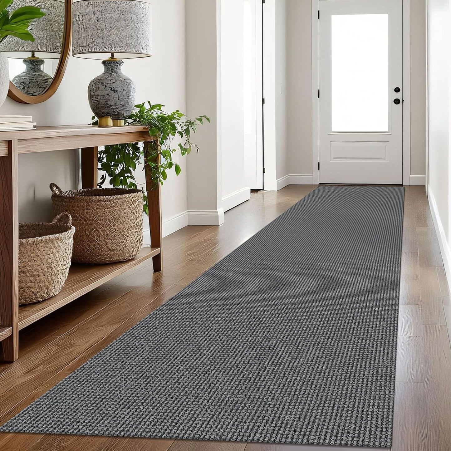 IOHOUZE Washable Exrea Long Hallway Runner Rug 3x16 Non Slip Rubber Backed Kitchen Runner Entryway Runner Indoor, Woven Rugs Floor Carpet for Kitchen Hall Entryway Stair, Dark Grey