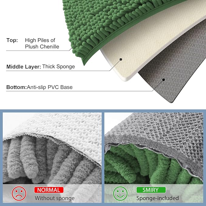 Smiry Luxury Chenille Bathroom Rugs 34x21, Extra Soft and Absorbent Shaggy Bath Mat, Machine Washable, Non-Slip Plush Carpet Runner for Tub, Shower, and Floor, Home Decor Accessories, Olive Green