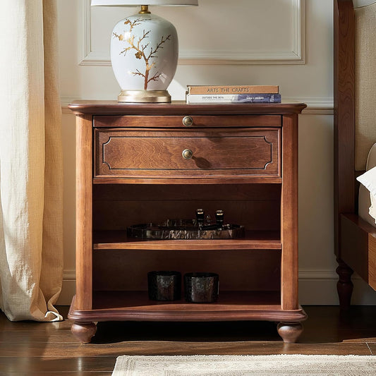 HULALA HOME Wooden Nightstand with Pull-Out Shelf, Mid Century Modern Nightstand with Solid Wood Drawers and Legs, Adjustable Storage, Brown