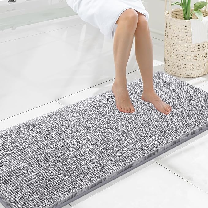 Smiry Luxury Chenille Bathroom Rugs 59x20, Extra Soft and Absorbent Shaggy Bath Mat, Machine Washable, Non-Slip Plush Carpet Runner for Tub, Shower, and Floor, Home Decor Accessories, Light Grey