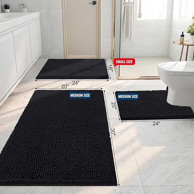 Smiry Luxury Chenille Bathroom Rugs 45x27, Extra Soft and Absorbent Shaggy Bath Mat, Machine Washable, Non-Slip Plush Carpet Runner for Tub, Shower, and Floor, Home Decor Accessories, Black