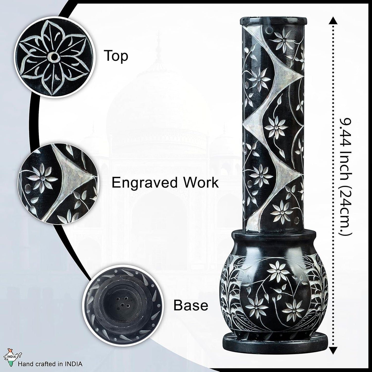 Crocon Black Marble Soapstone Incense Stick Burner Round Shape Flower & Leaf with Handi Design Tower Burner Candle Stick Holder Decorative Home & Kitchen 2.7x2.7x10 Inch