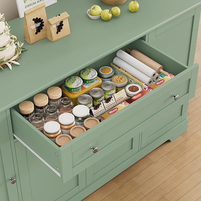 HITHOS 54" Buffet Cabinet with Storage, Modern Kitchen Buffet Sideboard with Drawer, Wood Coffee Bar Station with Adjustable Shelves, Kitchen Storage Cabinet for Living Room, Green