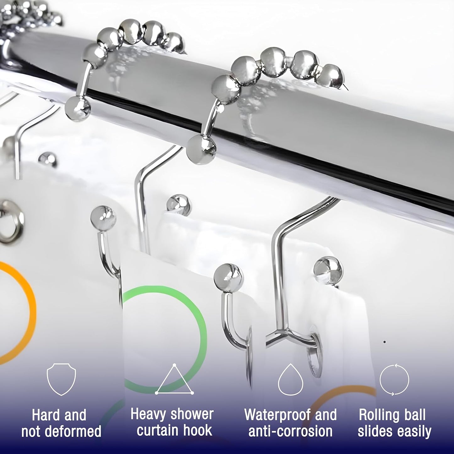 2lbDepot Shower Curtain Rings Hooks - Chrome Finish - Premium 18/8 Stainless Steel - Double Hooks with Easy Glide Rollers Rust Resistant Metal Hook, Six Finishes Available - Set of 12 for Shower Rods