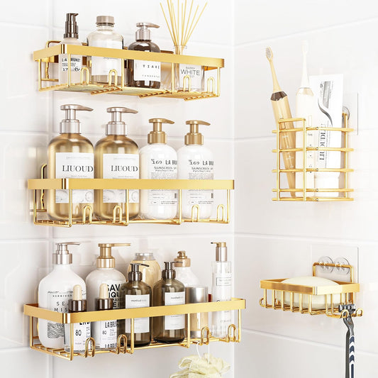 5 Pack Shower Caddy Organizer Rack Shelf for Inside Shower, Self Adhesive Wall Storage Basket Rustproof Stainless Steel Shampoo Holder Bathroom Accessory Decor Set, Gold