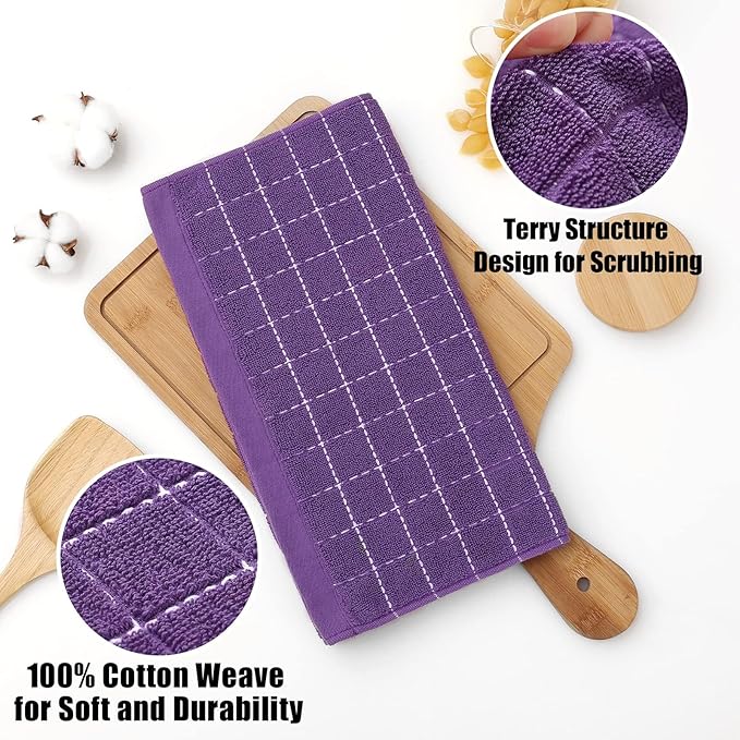 Homaxy 100% Cotton Terry Kitchen Dish Cloths, Ultra Soft and Absorbent Dish Towels for Kitchen, Suitable for Drying and Washing Dishes, 12 Pack, 12 x 12 Inches, Purple