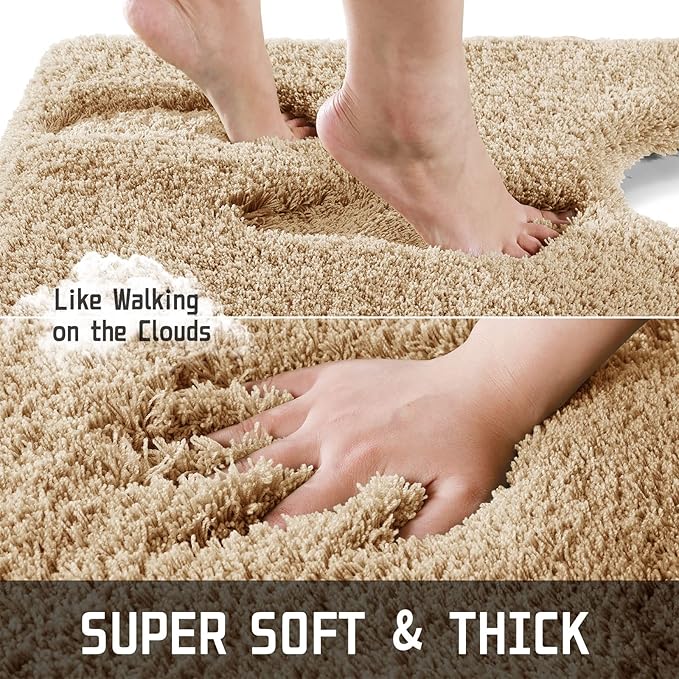 Yimobra U Shaped Toilet Bath Rug, Fluffy Plush, Super Shaggy Soft Non Slip, Water Absorbent Microfiber Bath Mat, Dries Quickly, Machine Washable Thick Bathroom Rugs, 20"x 24", Pure Beige