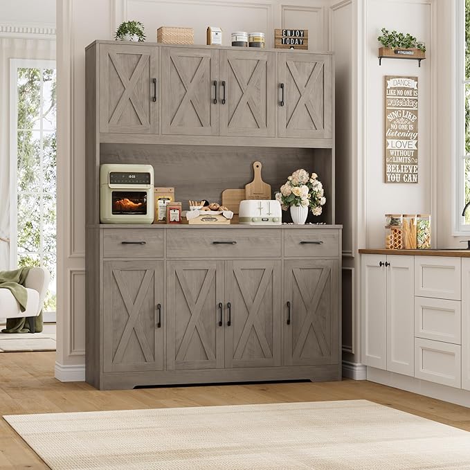 HOSTACK 71" Tall Kitchen Pantry Storage Cabinet with Charging Station, 55" Wide Kitchen Hutch Cabinet with Large Countertop, Farmhouse Food Pantry with Drawers for Living Room, Ash Grey