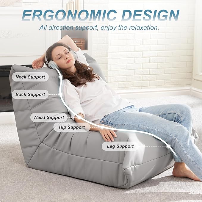 Hobestluk Giant Bean Bag Chair Lazy Floor Sofa, Memory Foam Fireside Sofa for Adults, Big Beanbag Faux Leather Armless Chair for Living Room Bedroom Dorm Office (Light Grey, Single)