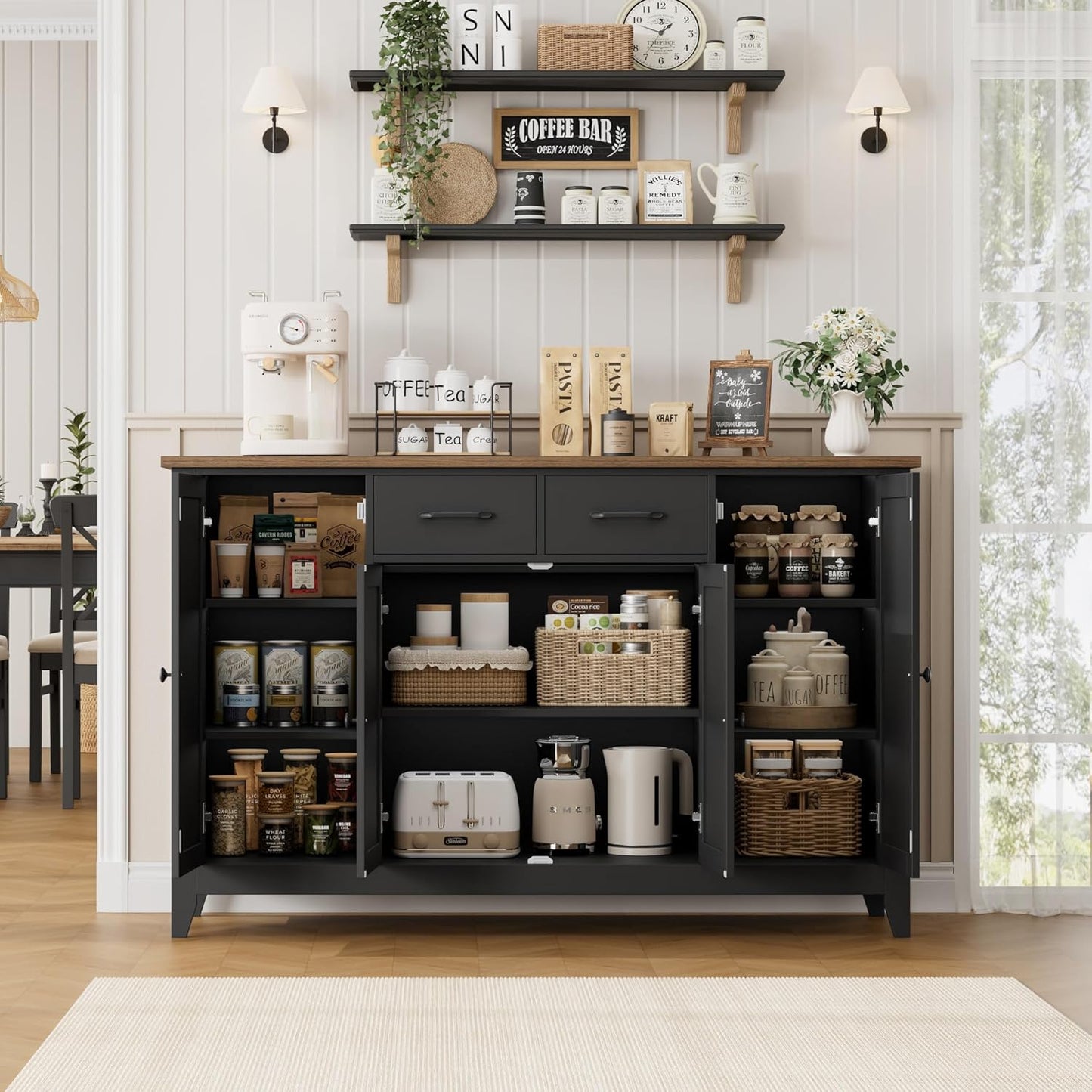 HORSTORS 55" Buffet Cabinet with Storage, Kitchen Buffet Sideboard with Drawers, Large Storage Cabinet with Doors and Shelves, Modern Farmhouse Coffee Bar for Kitchen, Dining Room, Living Room, Black