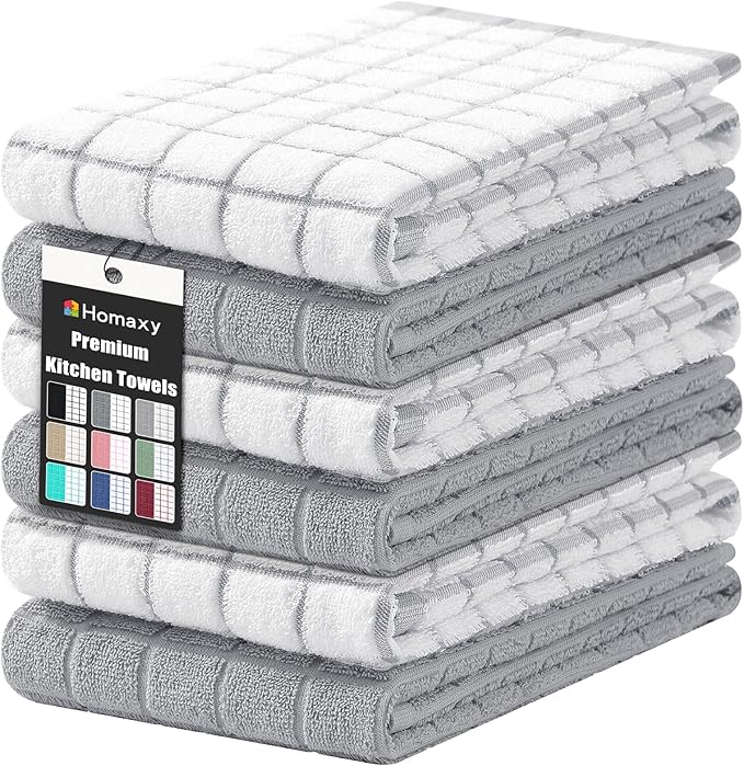 Homaxy Premium Cotton kitchen towels 16"x 28", Large Natural Ring Spun 390 GSM Dish Towels, Super Absorbent Terry Kitchen Hand Towels, Soft Tea Towel with Hanging Loop, Light Grey Check Design, 6 Pack