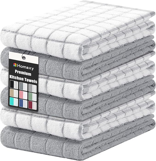 Homaxy Premium Cotton kitchen towels 16"x 28", Large Natural Ring Spun 390 GSM Dish Towels, Super Absorbent Terry Kitchen Hand Towels, Soft Tea Towel with Hanging Loop, Light Grey Check Design, 6 Pack