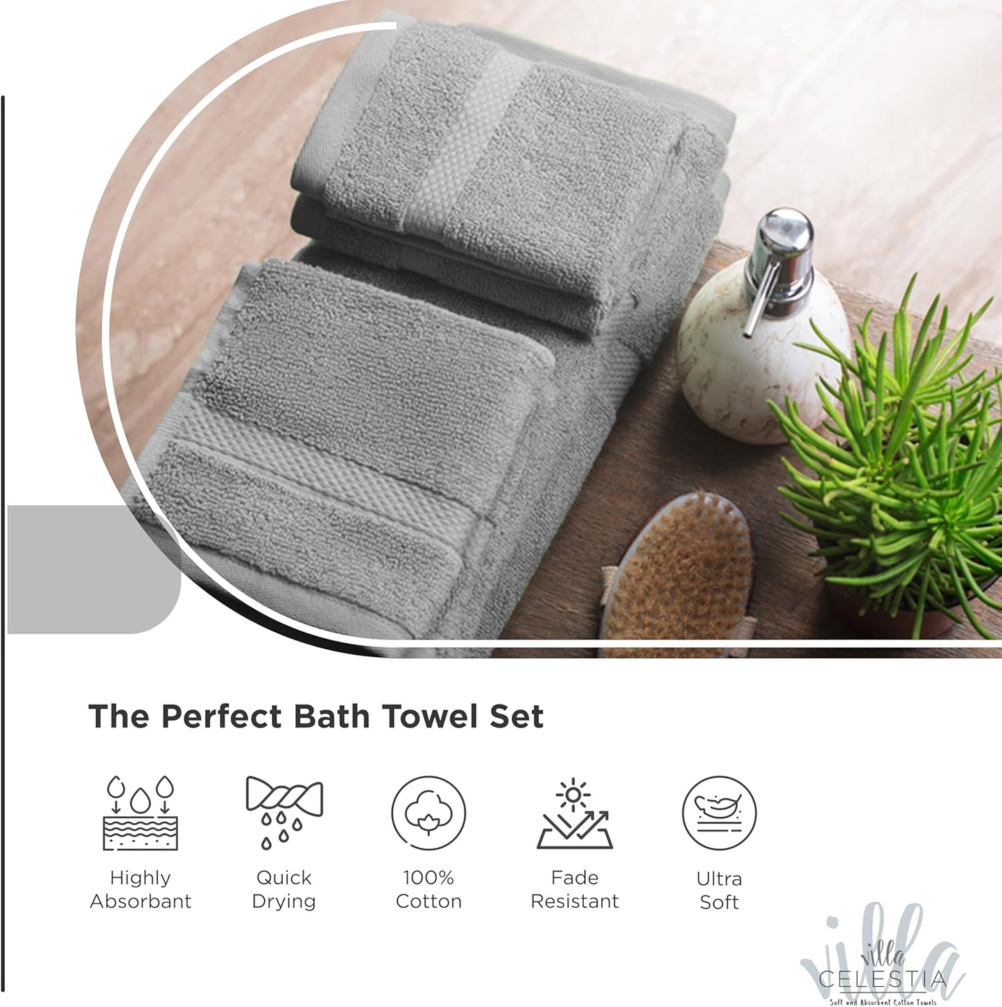 100% Combed Cotton Bathroom Towel Set of 6- 2 Bath Towels, 2 Hand Towels, 2 Wash Cloths, Sustainable, Soft, Highly Absorbent 6 Piece Cotton Bath Towel Set Ideal for Hotels, Spa, Bathroom, Dorm, Grey