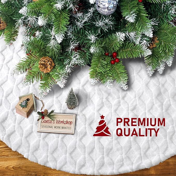 Christmas Tree Skirt 48 inches Faux Fur White Christmas Tree Skirt for Christmas Tree Decorations Winter Holiday Home Christmas Party Ornaments (White/Diamond)