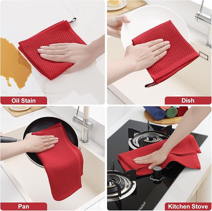 Homaxy 100% Cotton Kitchen Towels and Dishcloths Set, 12 x 12 Inches and 13 x 28 Inches, Set of 10 Bulk Kitchen Towels Set, Ultra Soft Absorbent Dish Cloths for Washing Dishes, Red