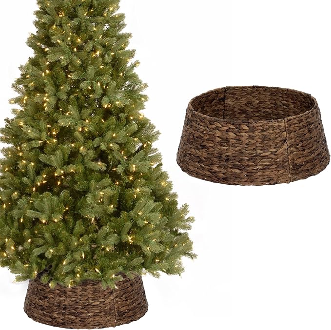 SUNNYPARK Christmas Tree Collar, 23.5’’ Hand-Woven Natural Water Hyacinth Christmas Tree Collar Basket Base Cover - Chestnut Brown