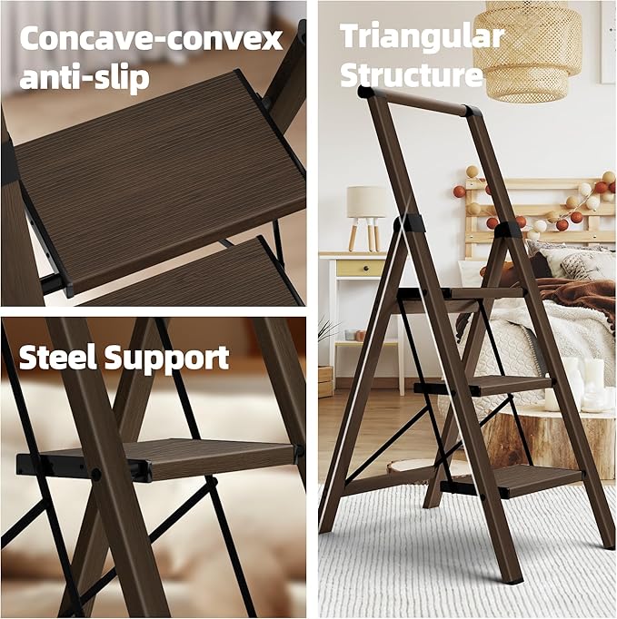 HillhutApex 3 Step Foldable Aluminum Step Ladder with Handgrip, Anti-Slip Pedal, 330lbs Capacity, Lightweight & Portable for Home, Kitchen, Office, Garage (Walnut)