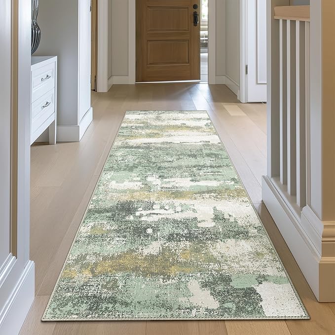 Runner Rug for Hallway Kitchen, 2x12 Machine Washable Runners Rug for Entryway, Soft Modern Abstract Throw Rugs, Low Pile Floor Cover with Non Slip Backing, Light Green