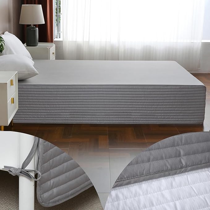 King Bed Skirt-Box Spring Cover with 14 Inch Tailored Drop,Wrinkle and Fade Resistant Hotel Wrap Around Bed Skirts，Bed Frame Cover (Horizontal Stripe Gray, King)