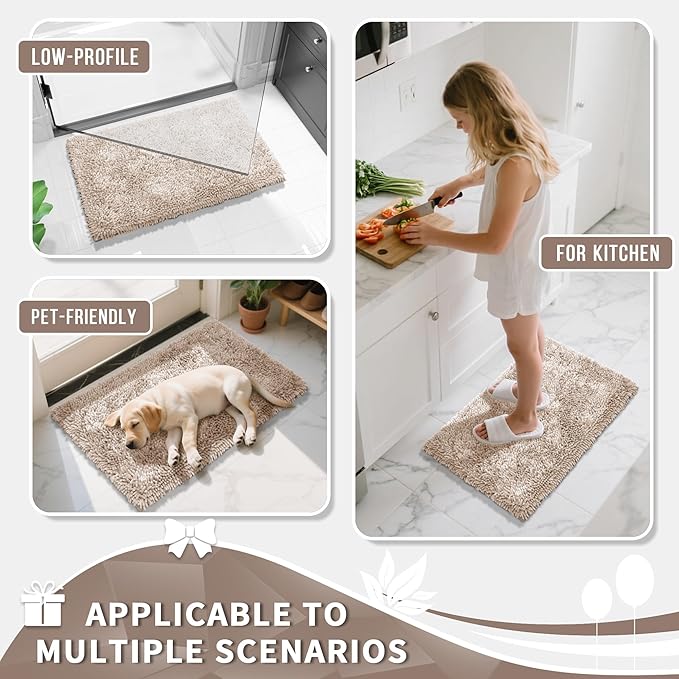 Yimobra Long Bathroom Rugs Runner 55x24 Inch, Extra Thick Soft Absorbent Chenille Bath Mat, Non Slip Machine Washable, Quick Dry Bath Rugs for Bathroom Floor, Tub and Shower, Khaki