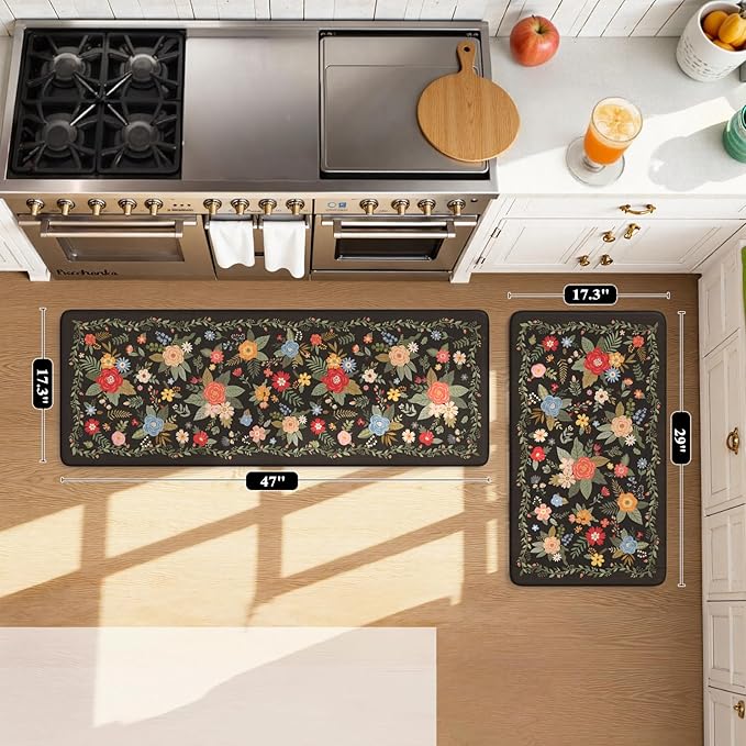 KIMODE Kitchen Mats Cushioned Anti Fatigue, Black Floral Kitchen Rugs Sets of 2, Padded Kitchen Floor Mats Non Slip, Comfort Foam Standing Mats for Laundry Office Sink Desk 17"x47"+17"x29"