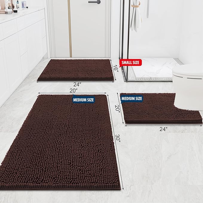 Smiry Luxury Chenille Bathroom Rugs 30x20, Extra Soft and Absorbent Shaggy Bath Mat, Machine Washable, Non-Slip Plush Carpet Runner for Tub, Shower, and Floor, Home Decor Accessories, Brown