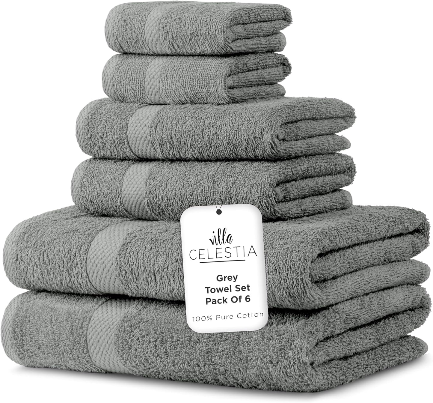 100% Combed Cotton Bathroom Towel Set of 6- 2 Bath Towels, 2 Hand Towels, 2 Wash Cloths, Sustainable, Soft, Highly Absorbent 6 Piece Cotton Bath Towel Set Ideal for Hotels, Spa, Bathroom, Dorm, Grey