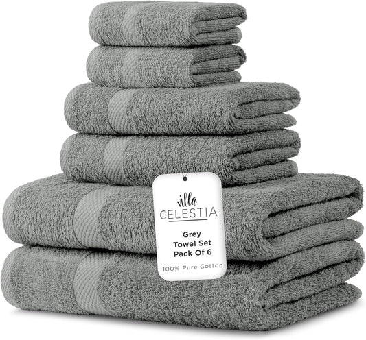 100% Combed Cotton Bathroom Towel Set of 6- 2 Bath Towels, 2 Hand Towels, 2 Wash Cloths, Sustainable, Soft, Highly Absorbent 6 Piece Cotton Bath Towel Set Ideal for Hotels, Spa, Bathroom, Dorm, Grey