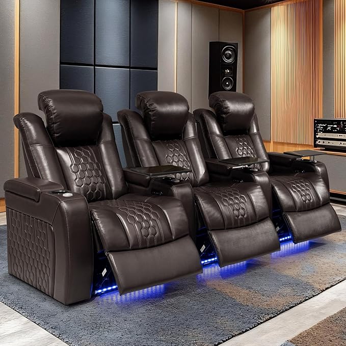 Home Theater Seating, Living Room,Powered Headrest, Powered Lumbar, Italian Leather, Powered Recline, Single Recliner (Coffee Color, Row of 3)