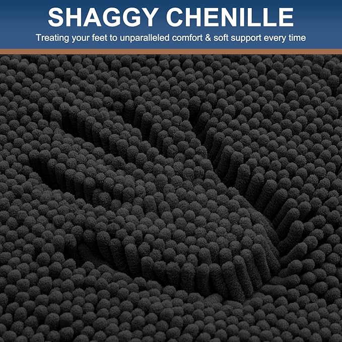 Smiry Luxury Chenille Bathroom Rugs 34x21, Extra Soft and Absorbent Shaggy Bath Mat, Machine Washable, Non-Slip Plush Carpet Runner for Tub, Shower, and Floor, Home Decor Accessories, Black