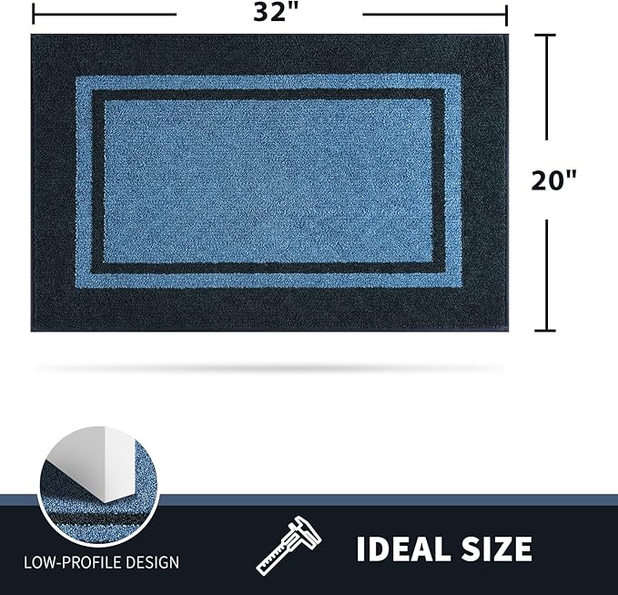 PURRUGS Dirt Trapping Door Mat 20" x 32", Non-Slip/Skid Machine Washable Entryway Rug, Shoes Scraper, Area Rug, Super Absorbent Welcome Mat for Muddy Wet Shoes and Paws, Light Blue & Navy