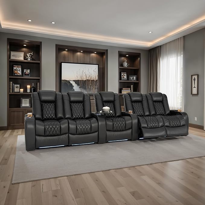 Seatcraft Diamante Zero-Gravity CoolZero Italian Leather Home Theater Seating, Power Headrest, Power Recline, Row of 5 Dual Loveseats, Black