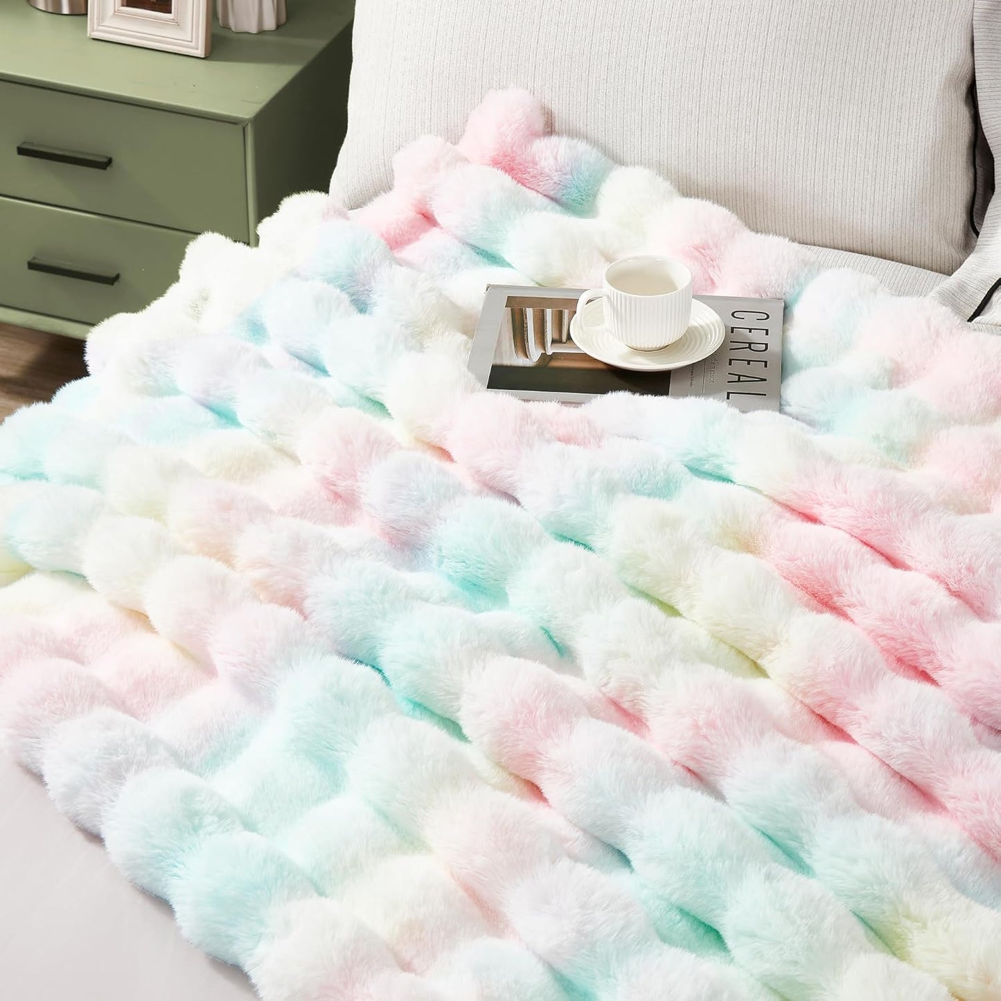JONIYEAR Decorative Colorful Fluffy Bubble Faux Rabbit Fur Blanket Twin Size 60" x 70",Oversized Thick Warm Fuzzy Blanket for Winter,Luxe Pastel Cute Shaggy Cozy Furry Blankets for Women Girl, Rainbow