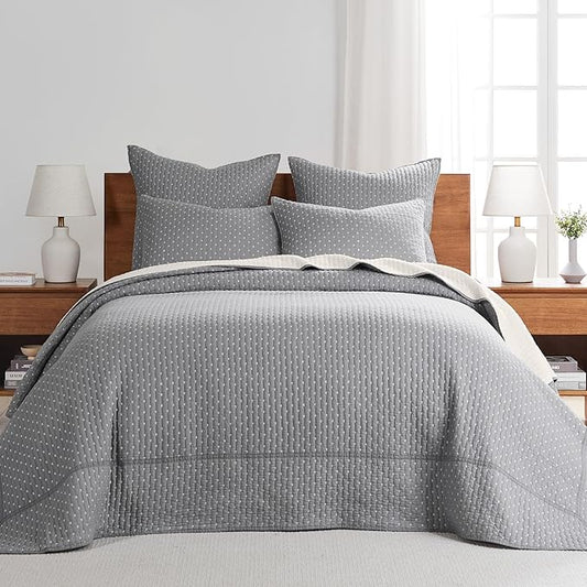 Levtex Home Cross Stitch Reversible Twin Bedspread Set (84x104in) with 1 Pillow Sham (26x20in) - Stitch Texture - Grey and White - Cotton Twin Size Bedspread Set - Lightweight, Soft, Pre-Washed