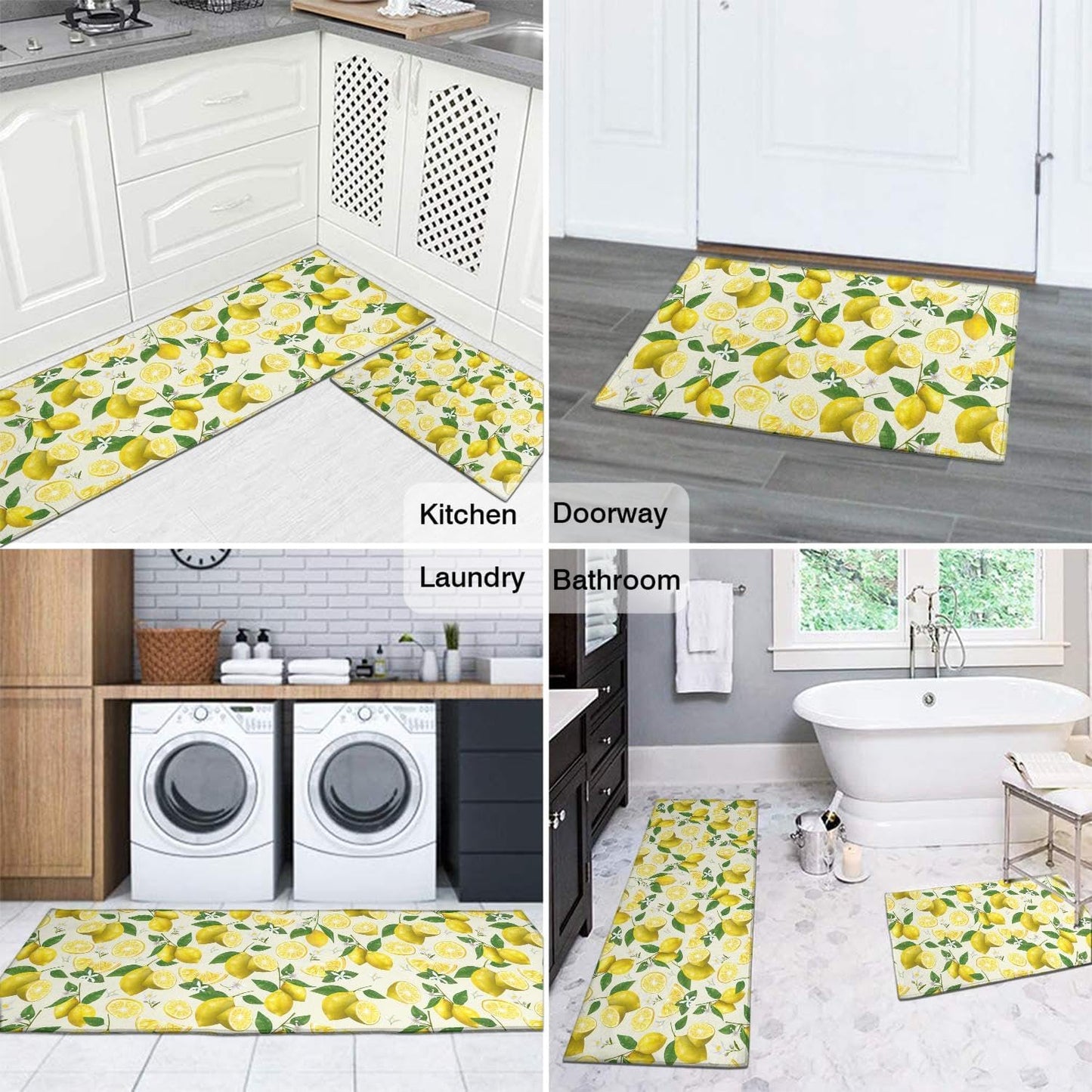 2 Piece Lemon Kitchen Decor Rugs Set, Farmhouse Country Kitchen Rugs and Mats Non Skid Washable Absorbent Microfiber Kitchen Accessories Decoration Floor Mats 17"x47"+17"x30"