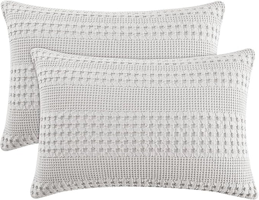 PHF 100% Cotton Waffle Pillow Shams Queen Size, 2 Pack 20" x 30" Soft Skin-Friendly Pillowcases, No Filling, Aesthetic Woven and Breathable Waffle Weave Pillow Case Covers for Bed, Light Grey