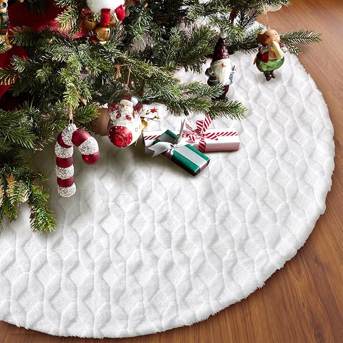 Christmas Tree Skirt 48 inches Faux Fur White Christmas Tree Skirt for Christmas Tree Decorations Winter Holiday Home Christmas Party Ornaments (White/Diamond)