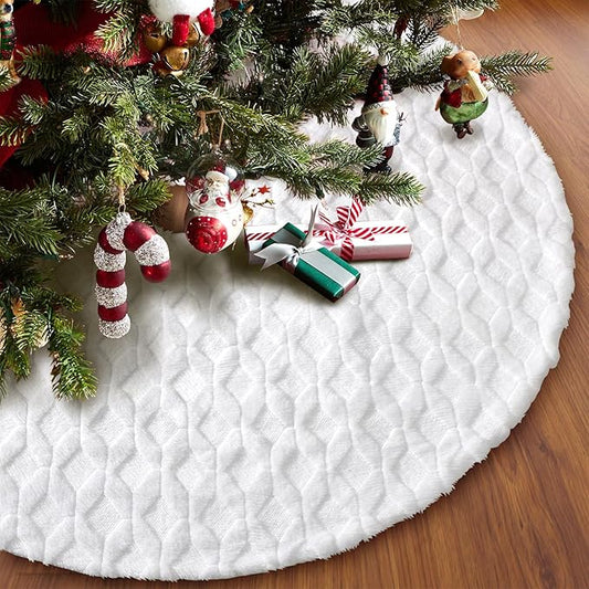 Christmas Tree Skirt 48 inches Faux Fur White Christmas Tree Skirt for Christmas Tree Decorations Winter Holiday Home Christmas Party Ornaments (White/Diamond)