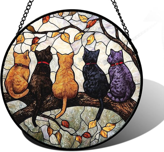 Stained Glass Window Hanging - 5 Cats on a Branch Suncatcher for Window Doors Home Decoration and Christmas, Mother's Day Father's Day Birthday Gifts for Women, Men, and Mom 7.8x7.8 in
